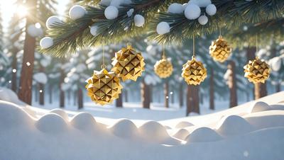 The primary subject of the image is a group of gold geometric ornaments hanging from a tree. The ornaments are shaped like diamonds and are suspended from the tree branches. The setting is a snowy environment, with the ornaments hanging from the tree in front of a snowy forest. The visual style of the image is digital art, as it appears to be a computer-generated or digitally rendered scene. The dominant colors in the image are gold and white, creating a warm and festive atmosphere.